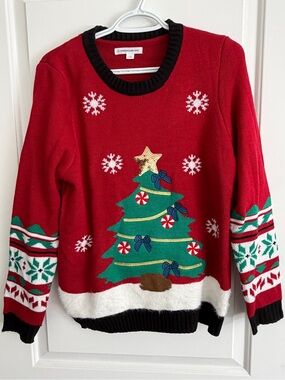 Warehouse One Red Christmas Tree Sweater with Green and Black Trim
